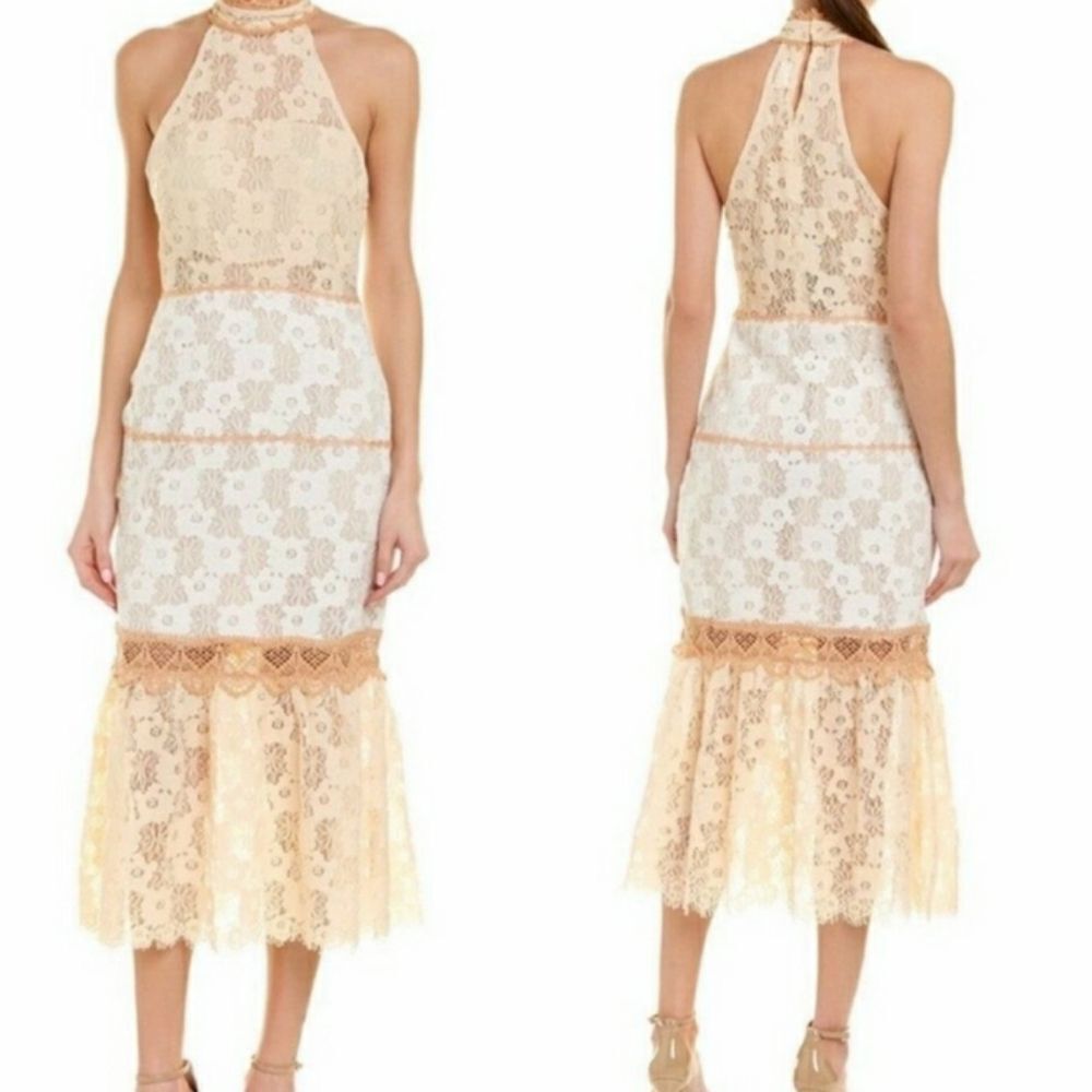 ANTHROPOLOGIE Foxiedox Amelia Lace Halter Blush Colorblock Midi Dress